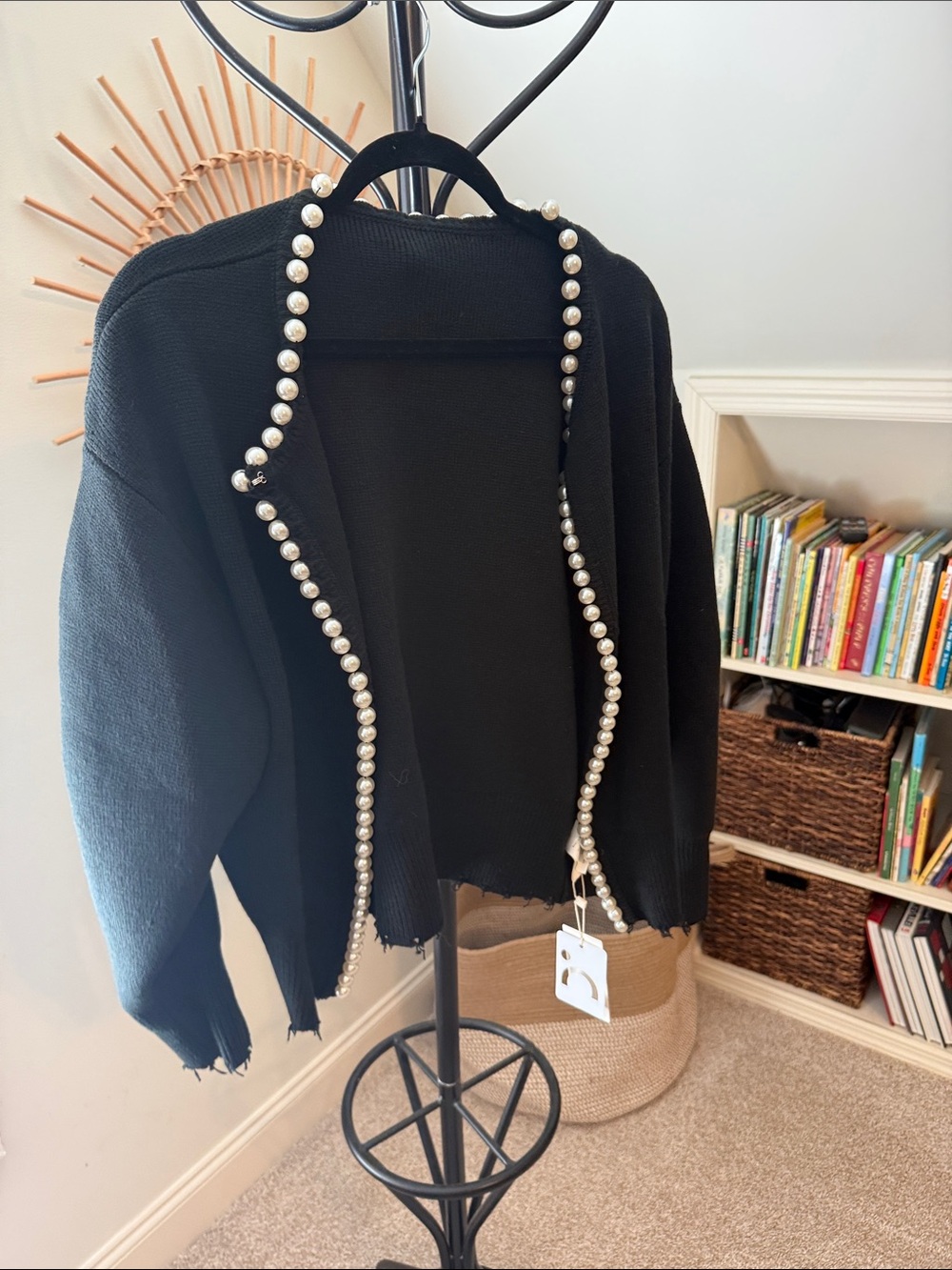 Commense Black Open Cardigan with Pearl Trim